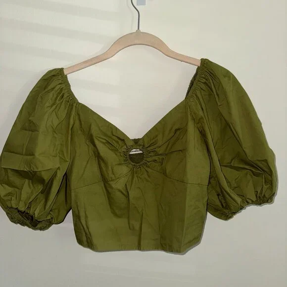 Abercrombie Olive Green Puff Sleeve Crop Top - Picture 1 of 4